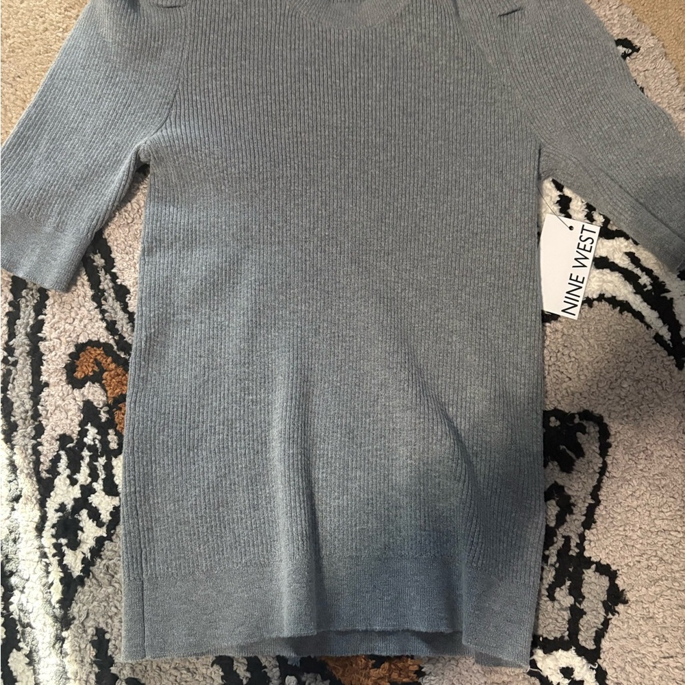 Nine West Light Blue Ribbed Scoop-Neck Short Sleeve Sweater